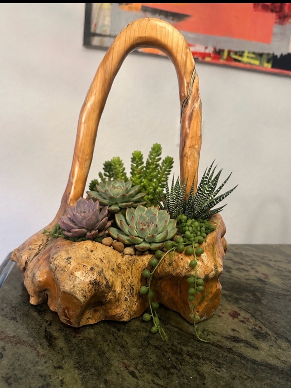 Hand-Carved burl wood Basket with  Handle -